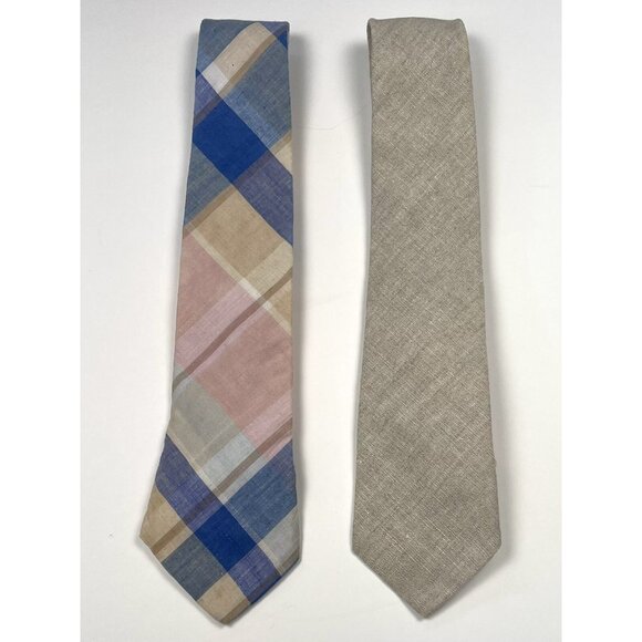 VTG Lot 2 ADAMS ROW Mens NECKTIES Beige Linen & Pastel Madras Plaid Cotton USA - Picture 2 of 5